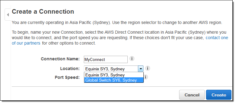 AWS Direct Connect Software - AWS Direct Connect create connection