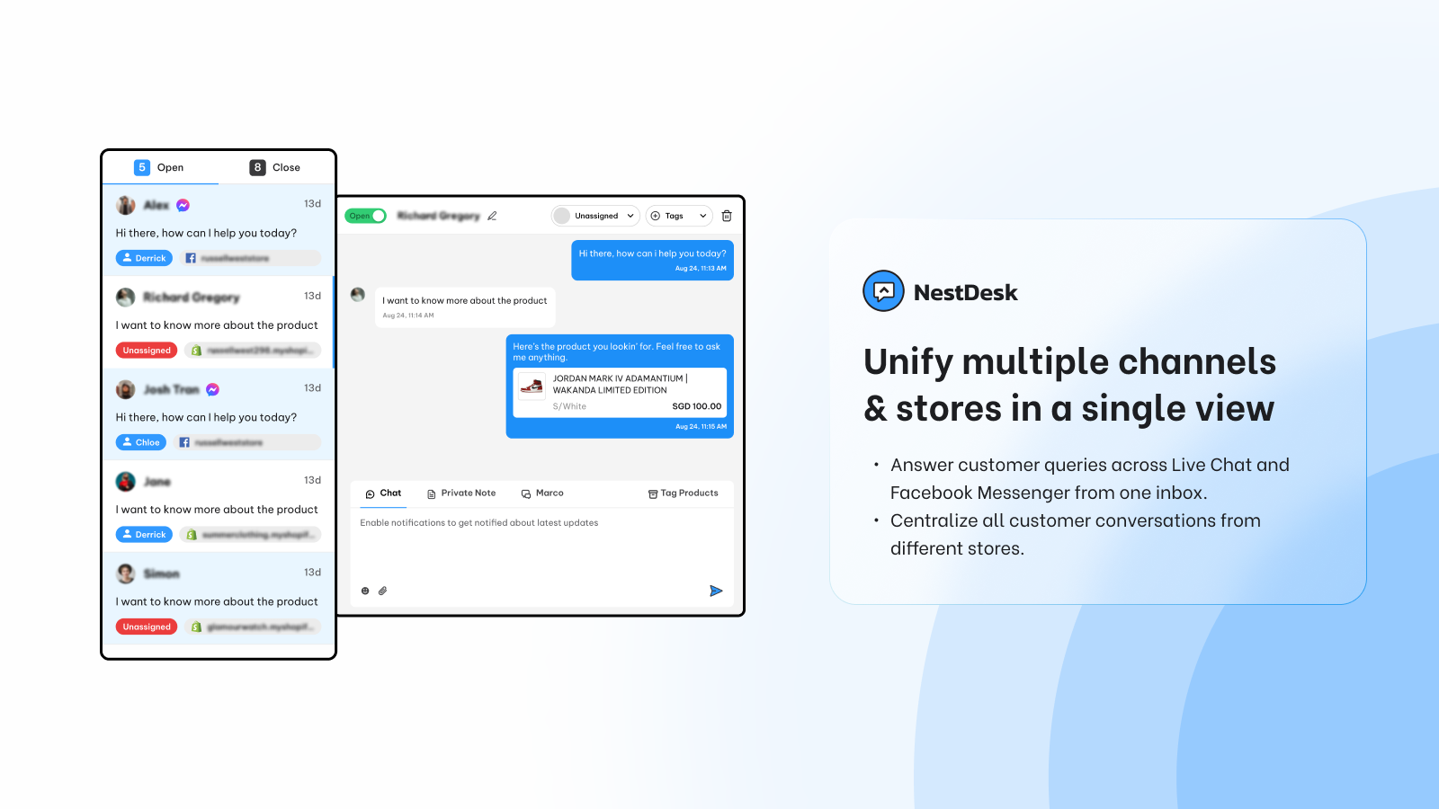 NestDesk screenshot: Centralize all customers conversation
