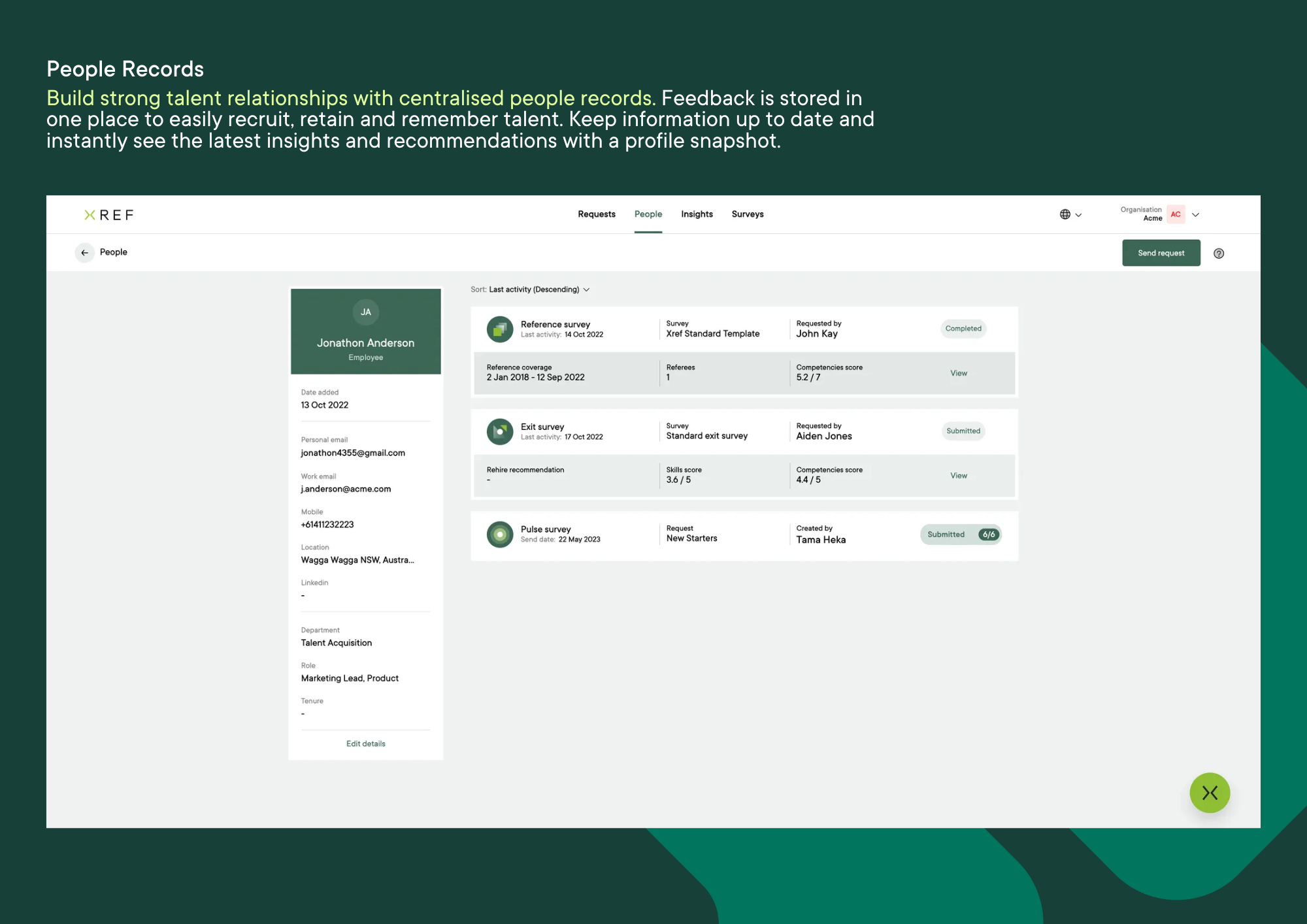 Xref Software - Screenshot of Xref dashboard showing centralised people records to store employee and candidate data safely and easily