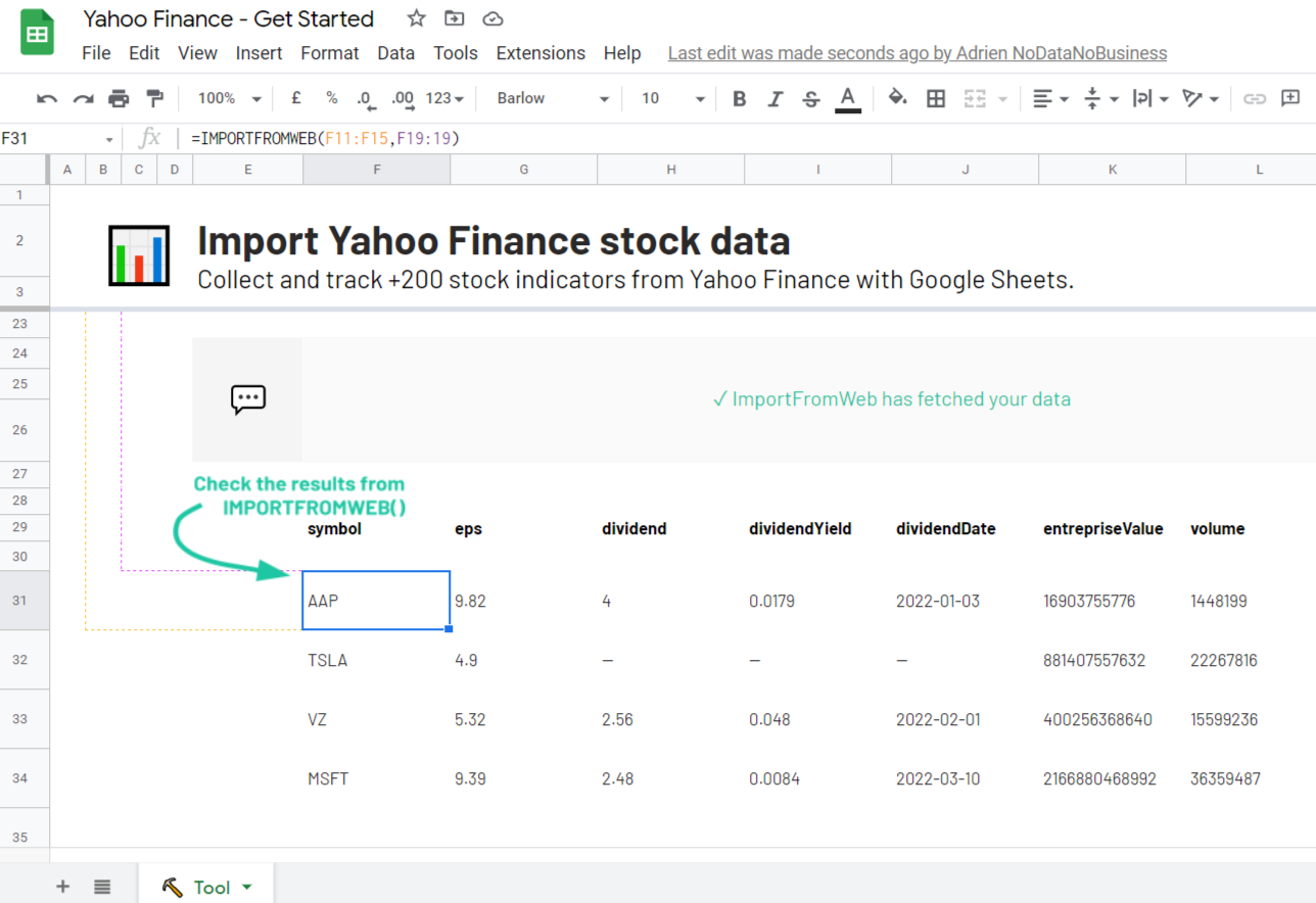 ImportFromWeb Yahoo finance data into Google Sheets