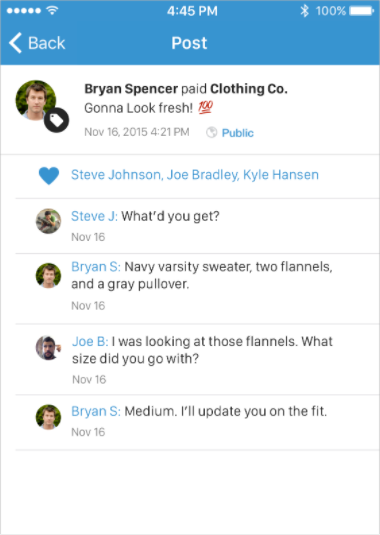 Comment on or like other contact's payment actions
