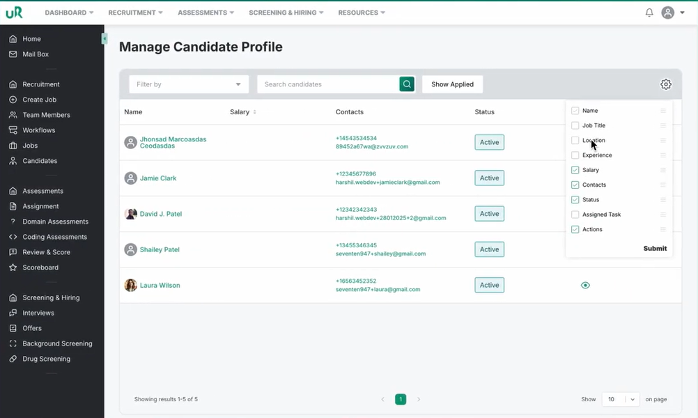 uRecruits screenshot: uRecruits manage candidate profiles