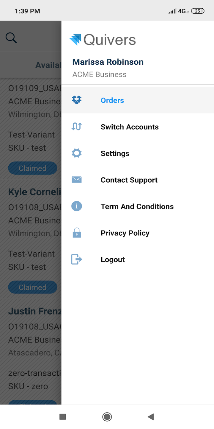 Quivers screenshot: Quivers handle orders