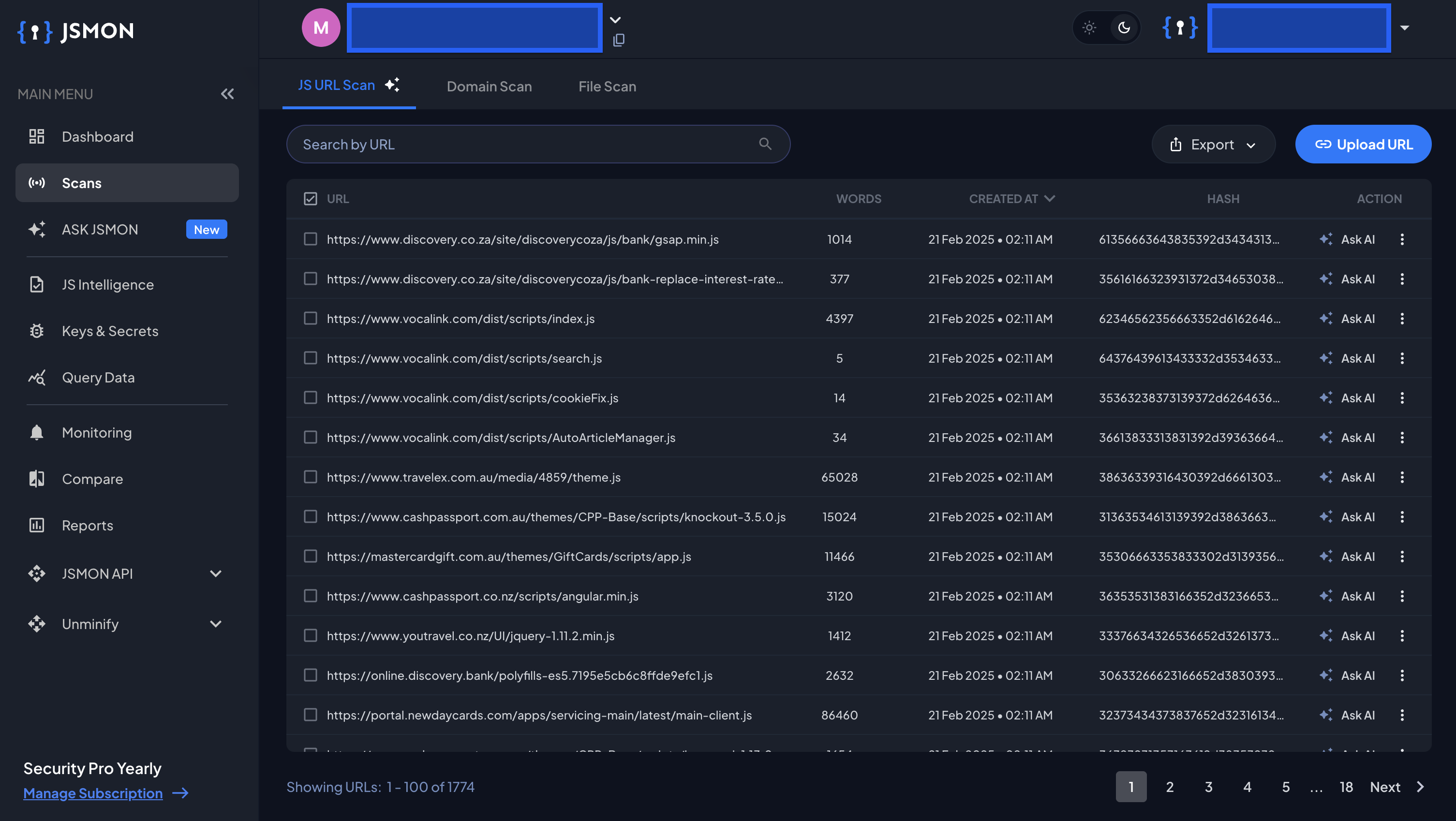 Jsmon screenshot: Scanned JS URLs in Jsmon