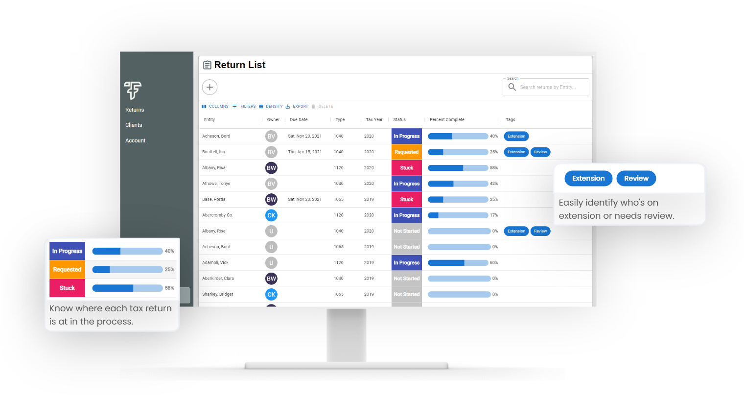 TaxFlow Software - Screenshot of active return list