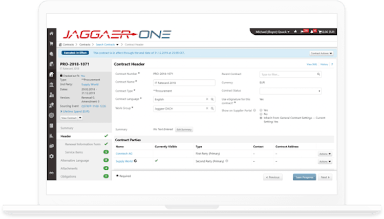 JAGGAER ONE Sourcing screenshot: JAGGAER ONE Sourcing contract management