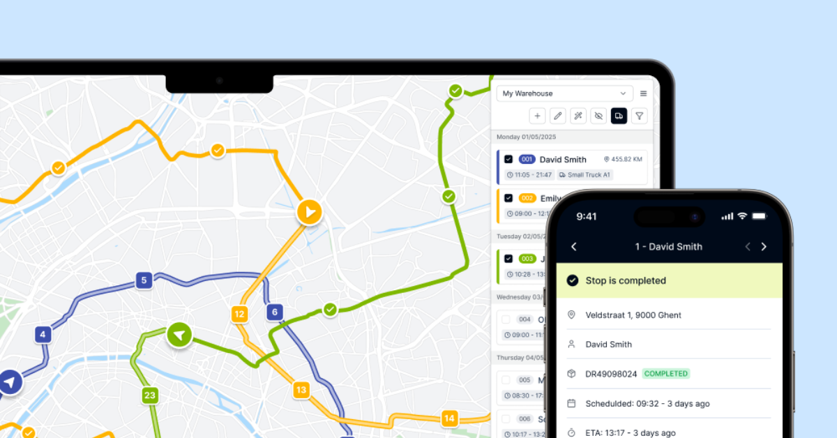 Dropon Software - A laptop and phone display Dropon's interface with route maps, driver schedules, and a completed stop detail for driver David Smith shown on the mobile app.