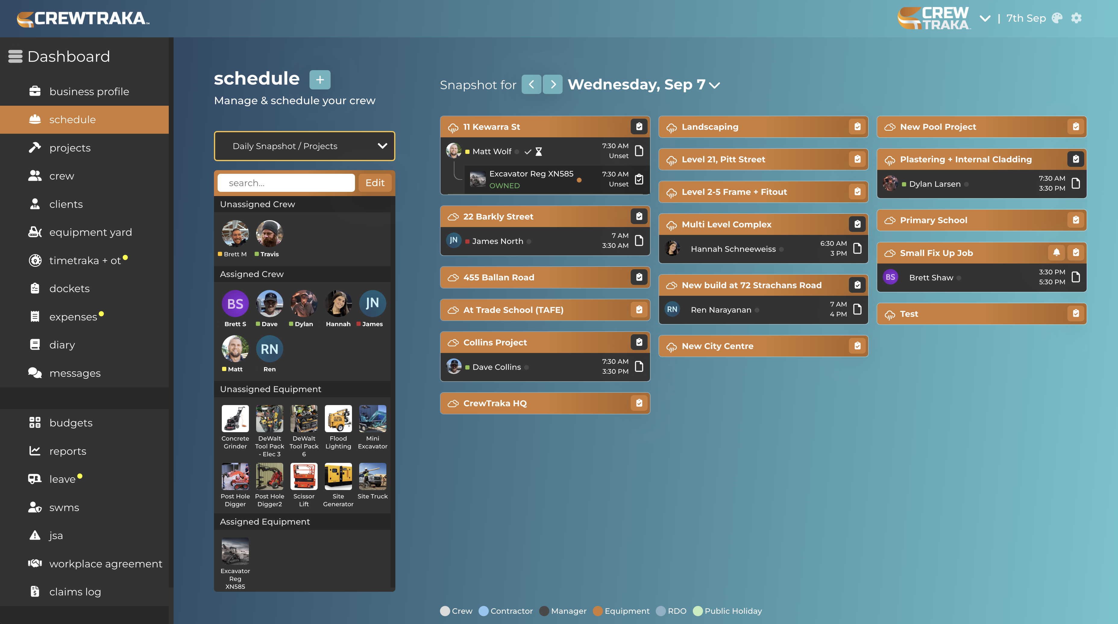 CrewTraka screenshot: CrewTraka Dashboard - Easy to use central hub that communicates perfectly with the iOS and Android App so your crew have all the information they need to get on with the job.