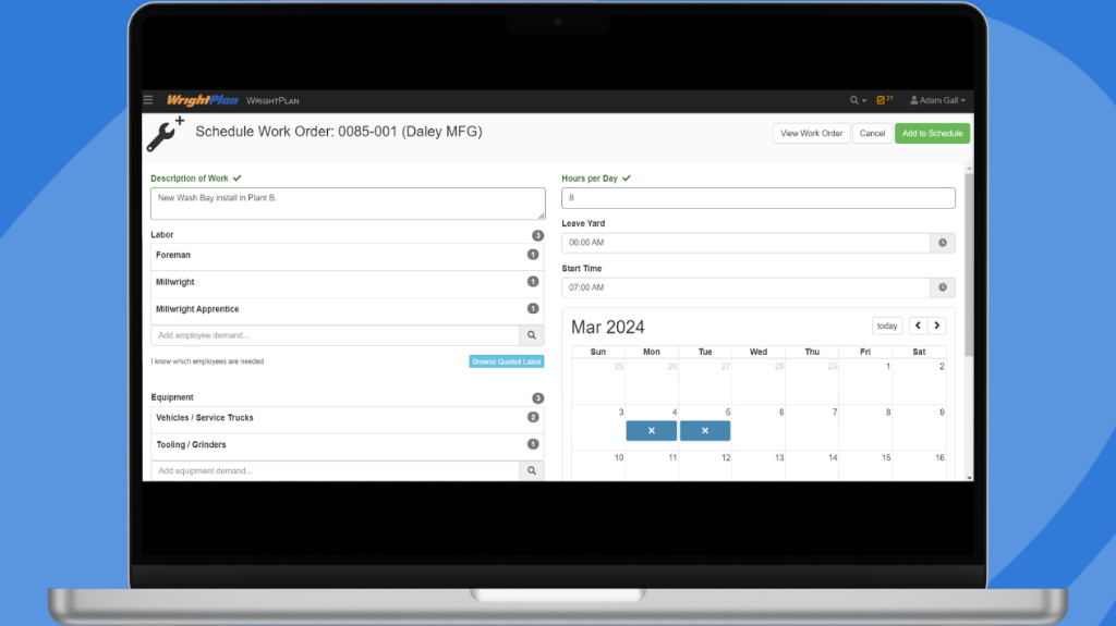 WrightPlan Software - Job Creation: Have information from quotes feed directly into Job and Schedule creation. Browse quoted labor and equipment for quicker, more accurate scheduling of demand.