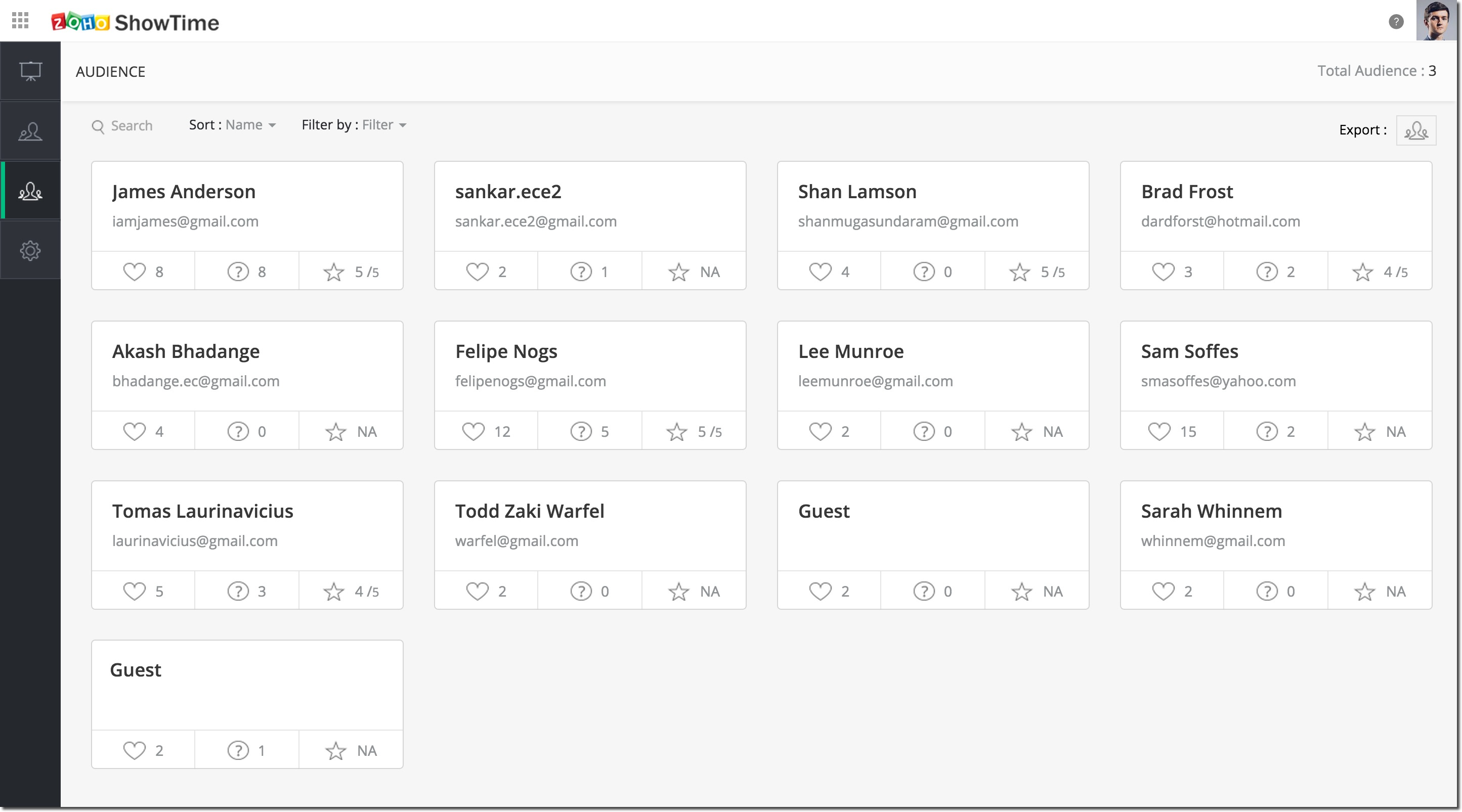 Zoho ShowTime audience listing