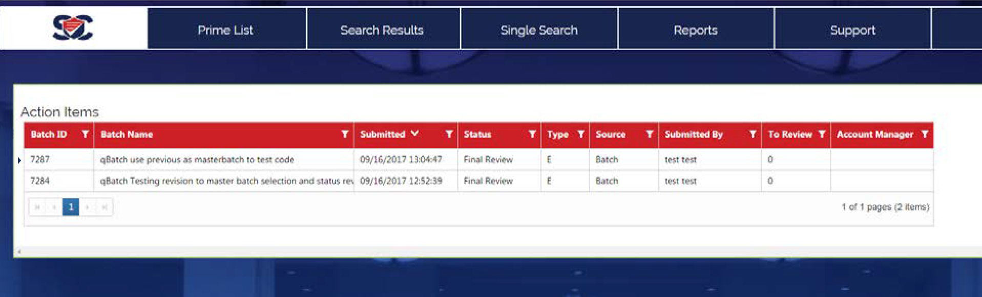 SanctionCheck screenshot: A small list of action items which might appear on a user’s login.