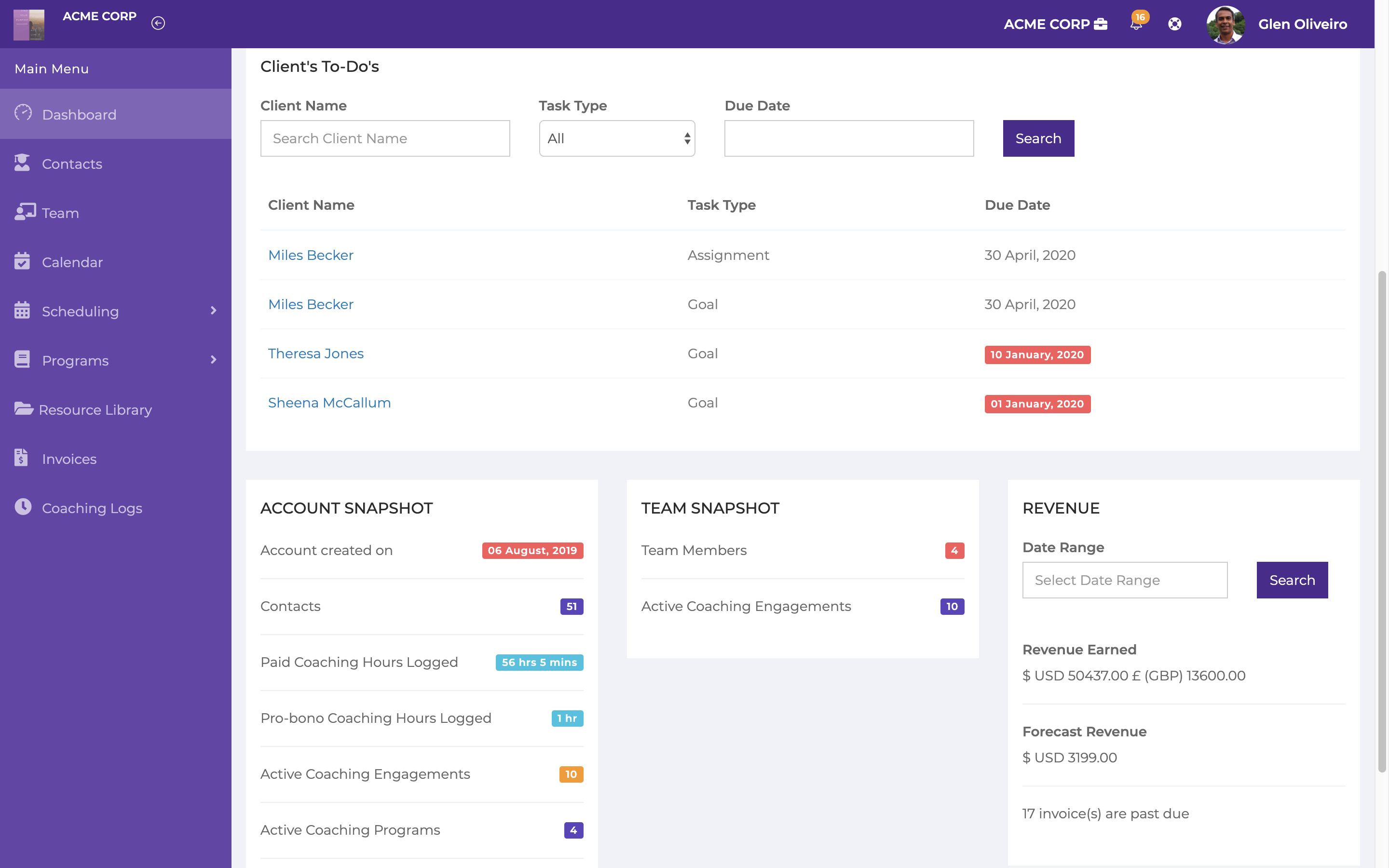 Dashboard gives you a quick view of upcoming appointments, client's to-do list, your coaching hours and revenue earned.