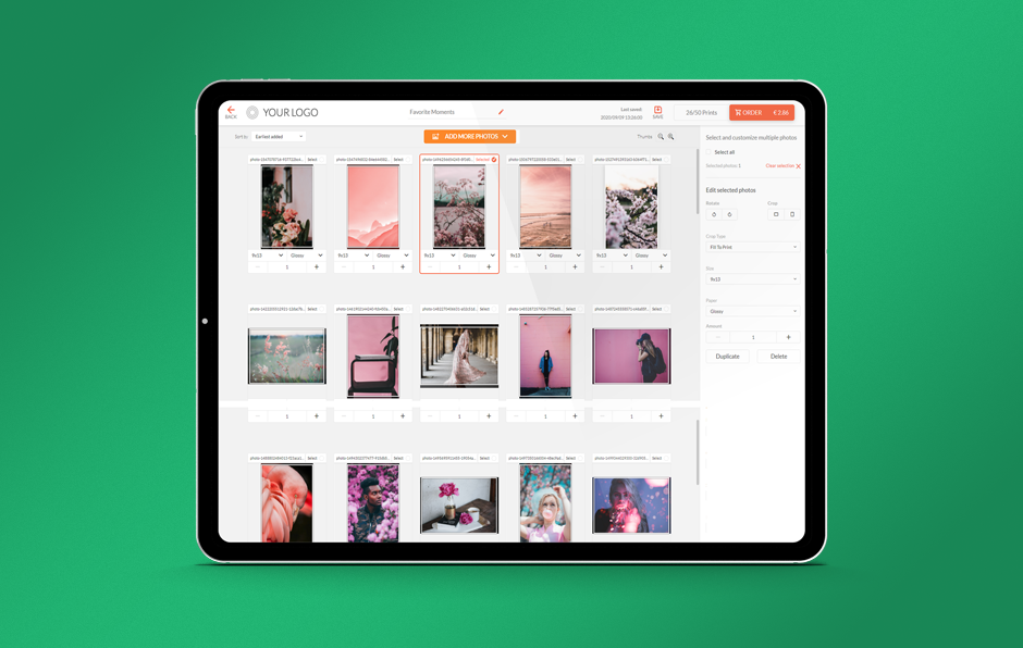 Printbox Prints Editor. Manage hundreds of photos in a layout that is best suited for multiple prints ordering.