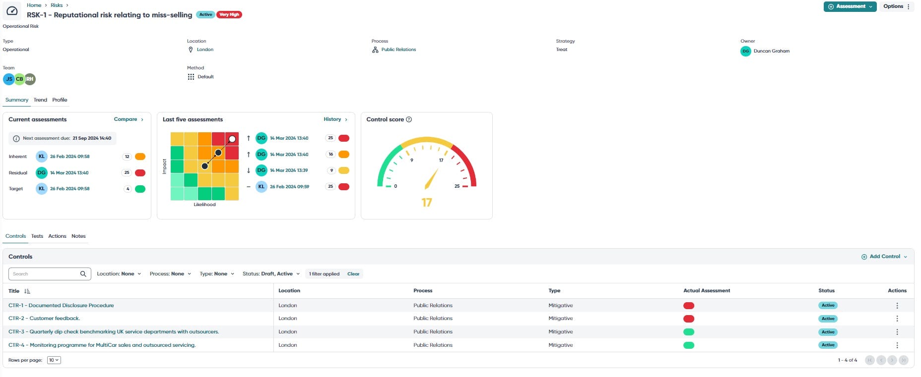 Ideagen Internal Audit Software - Audit-Operational-Risk: Visualize your risk profiles including summary, trend and control score.