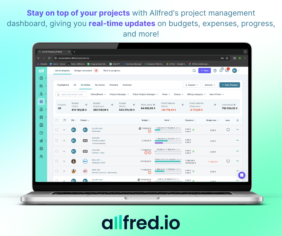 Project management dashboard: Provides an overview of all ongoing projects including their progress, billing plan, expenses, budget exceeding, time reports, or documents.
