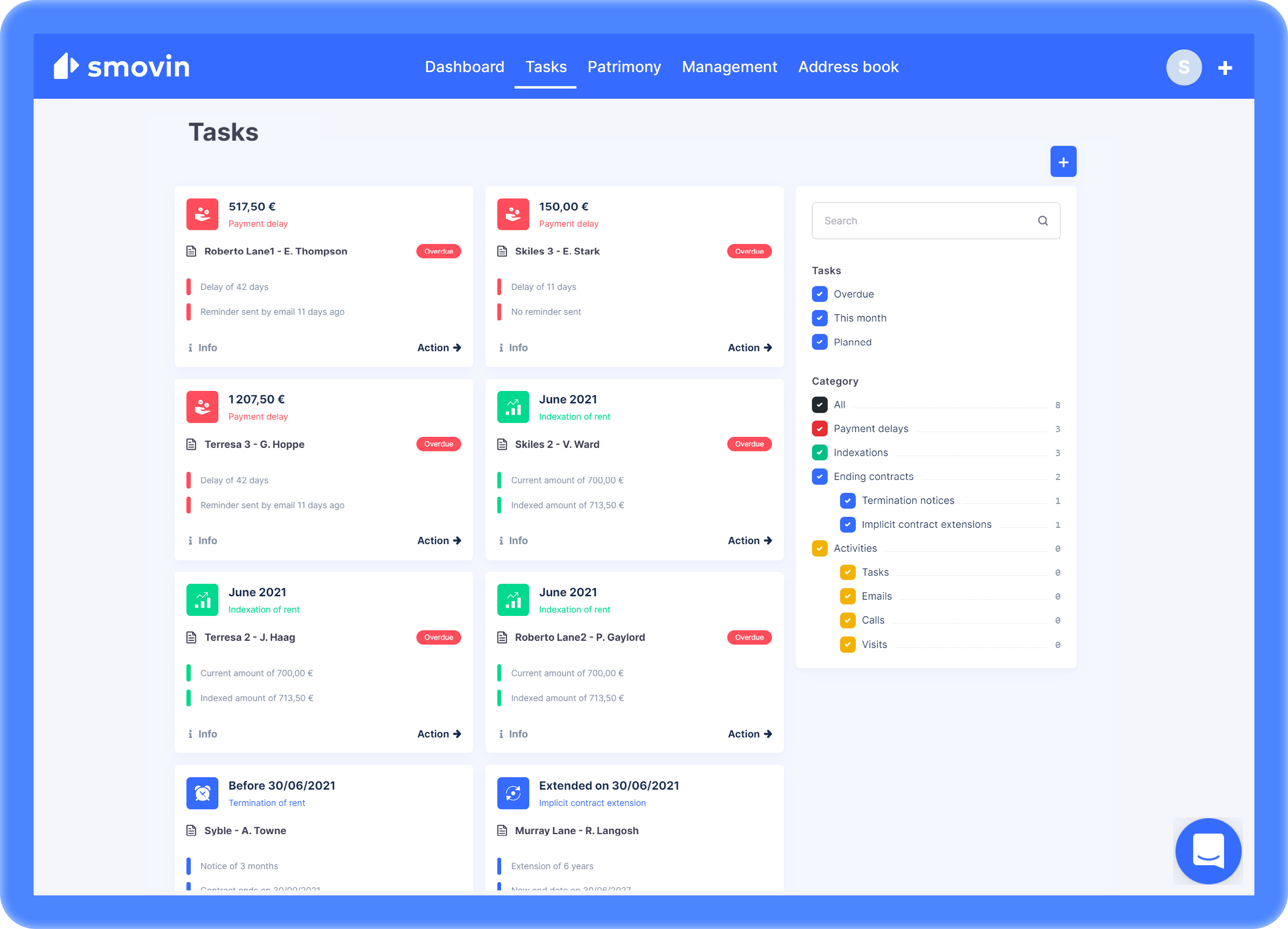 Smovin Software - Get a complete overview of your tasks: keep a clear view of the actions to be taken for the management of your assets such as payment reminders, indexations, and contract terminations; or create your recurring tasks.