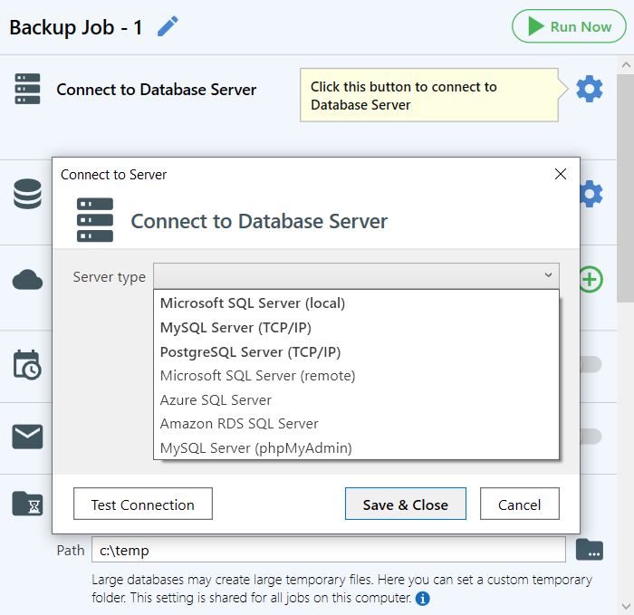 By clicking the "gear" button at the "Connect Database Server" section you can set the connection to your DBMS