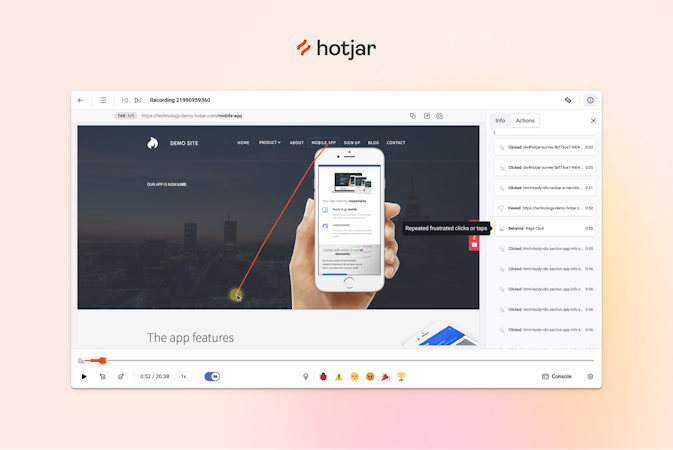 Hotjar screenshot: Recordings are live playbacks of users on your site. Watch full recordings of each visit, including the clicks, mouse movements, u-turns, and rage clicks. Identify issues on the fly and spot solutions in seconds.
