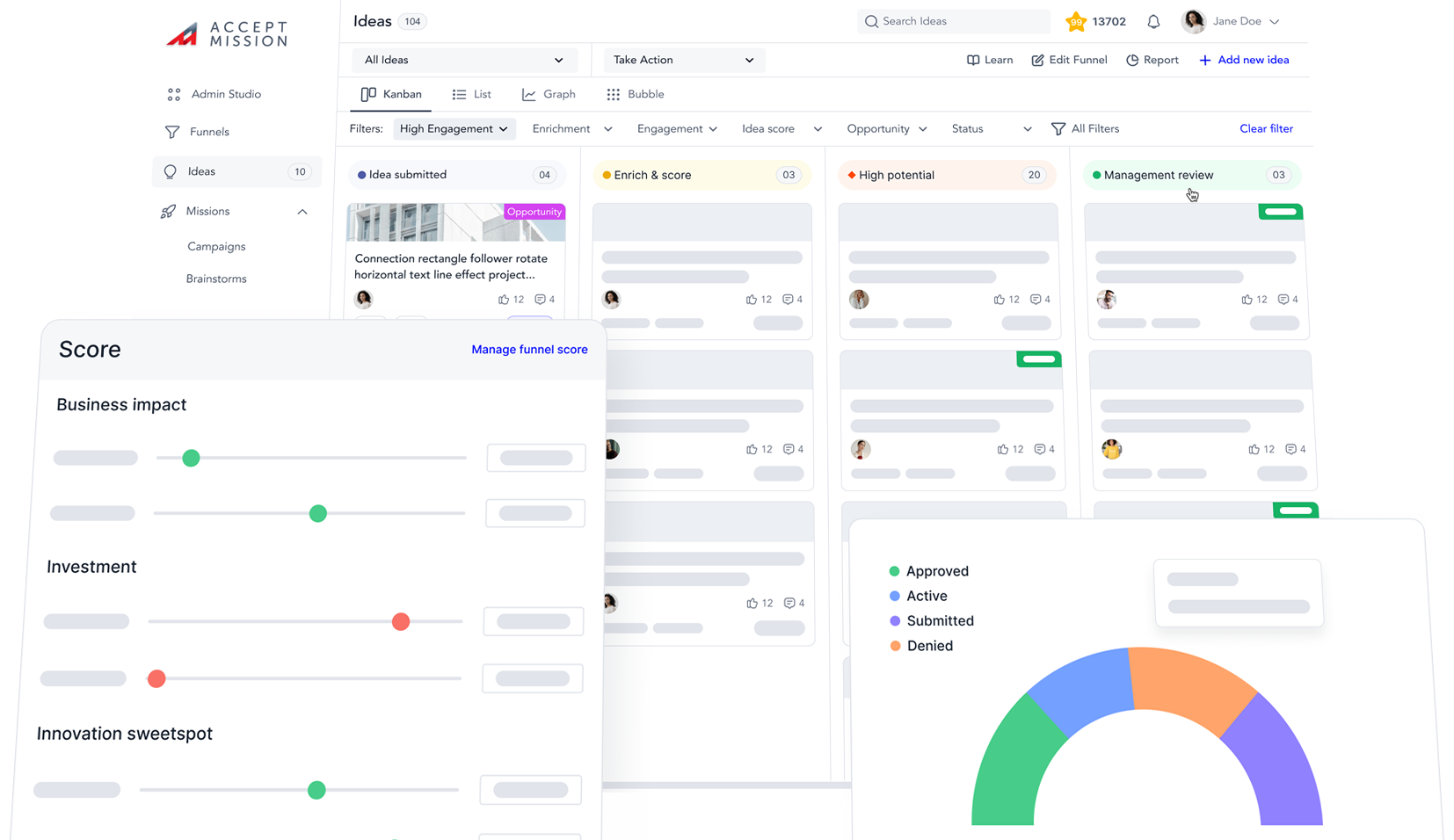 Accept Mission screenshot: Idea management and prioritization
Manage ideas in structured funnels with AI supported enrichment, prioritization, and clear status flow. Turn raw input into comparable ideas that support transparent decision making.