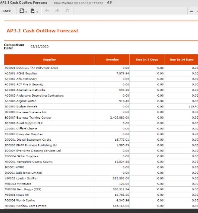 Cloud Financials Software - Cloud Financials cash outlow forecast