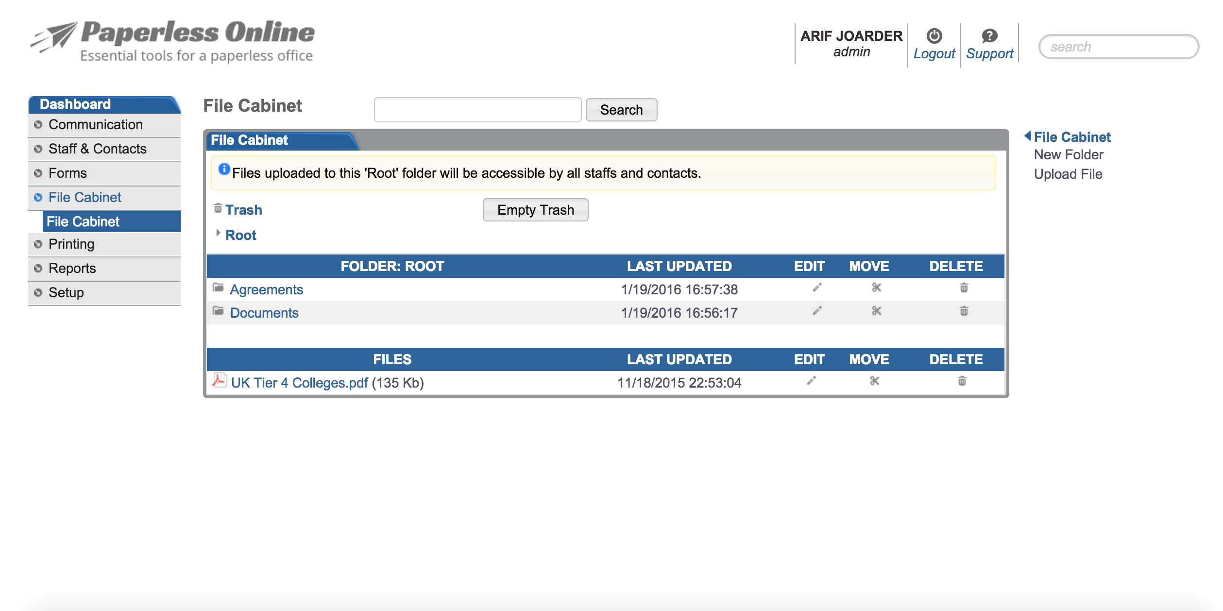 Paperless Online screenshot: Documents are stored in the centralized file cabinet in Paperless Online
