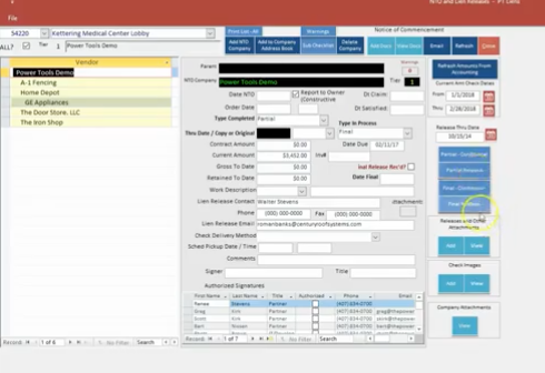 The Power Tools Software - Lien releases can be managed and tracked within Power Tools with tools for creating custom lien release documents