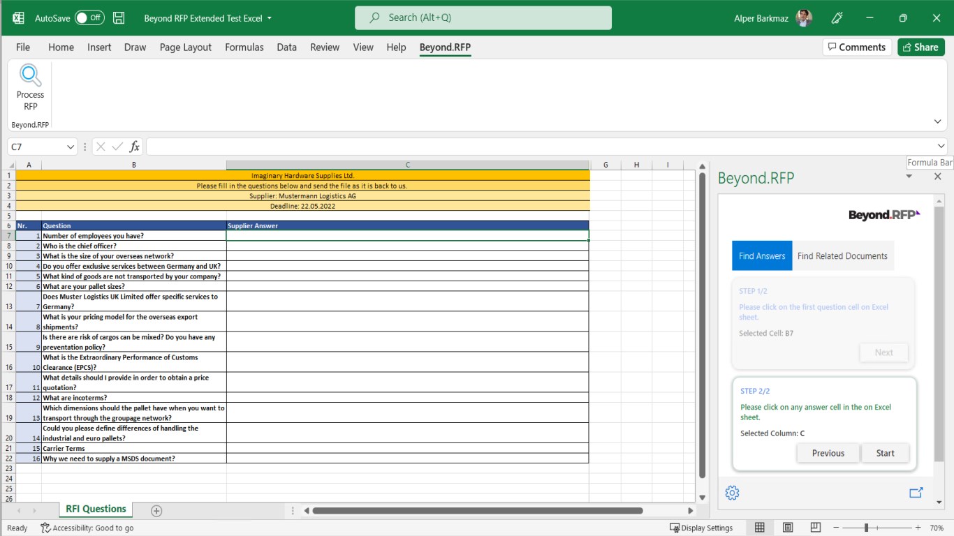 Beyond.RFP screenshot: Example Request for Proposal Questionnaire from the customer.