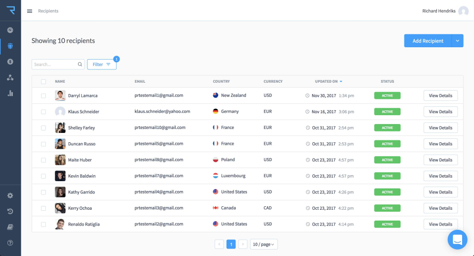 View recipient lists for all current and previous payouts, with payment status updates