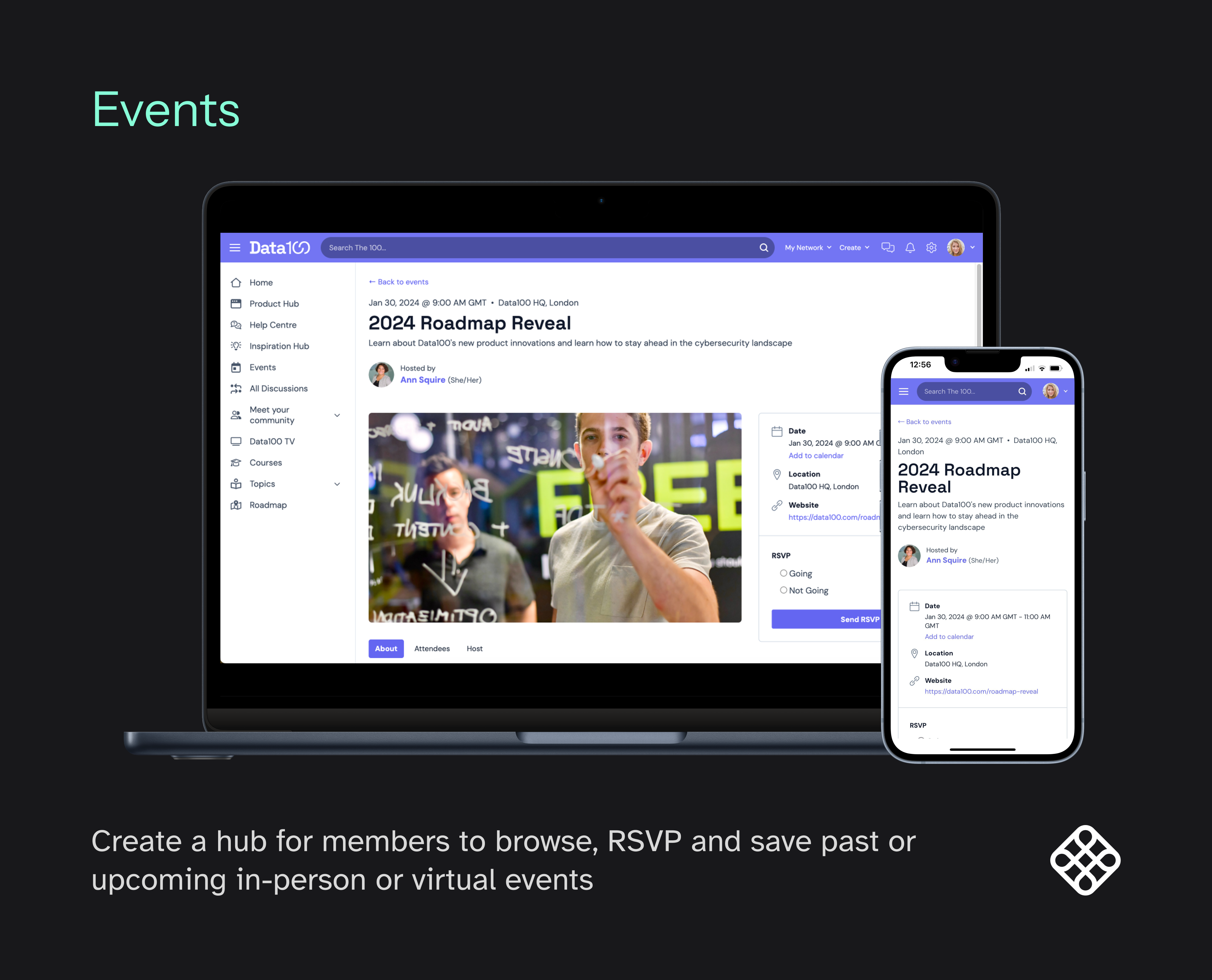Create a hub for members to browse, RSVP and save past or upcoming in-person or virtual events