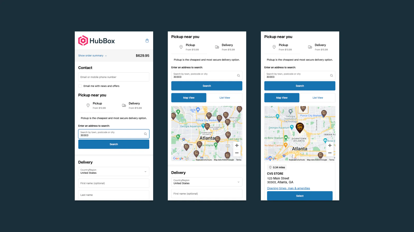 HubBox screenshot: Shopify User experience selecting UPS Access Point