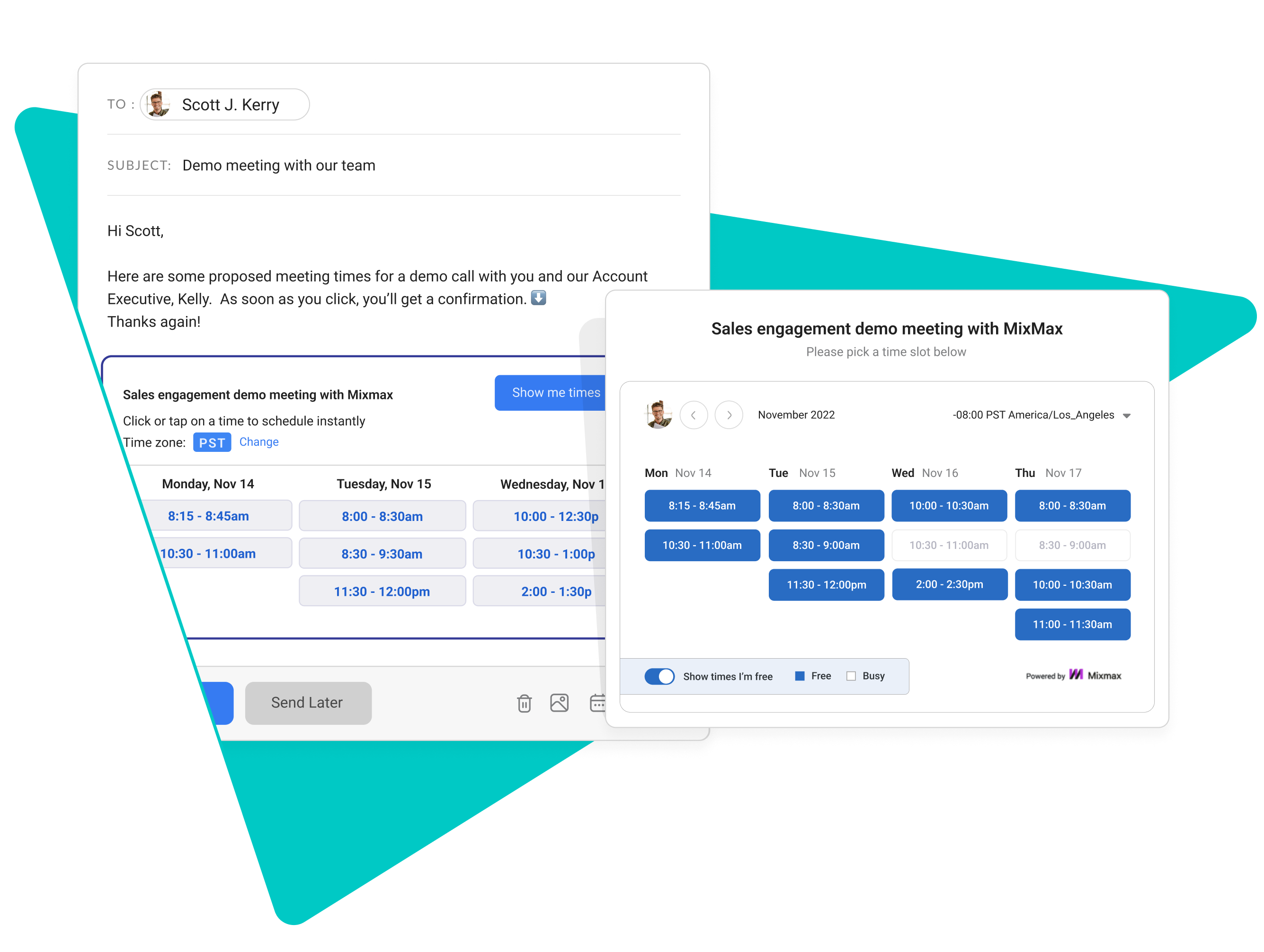 Enable prospects and customers to schedule time with you in one click by sharing your calendar availability in email. Simplify coordination by allowing recipients to compare with their own calendar availability.