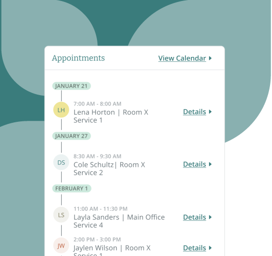 See all appointments across your space with their location and room.