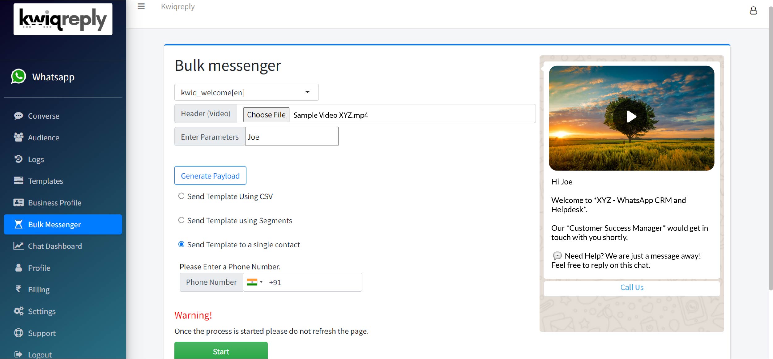 Bulk Messages Feature where approved templates can be sent to uploaded customers using a few clicks
