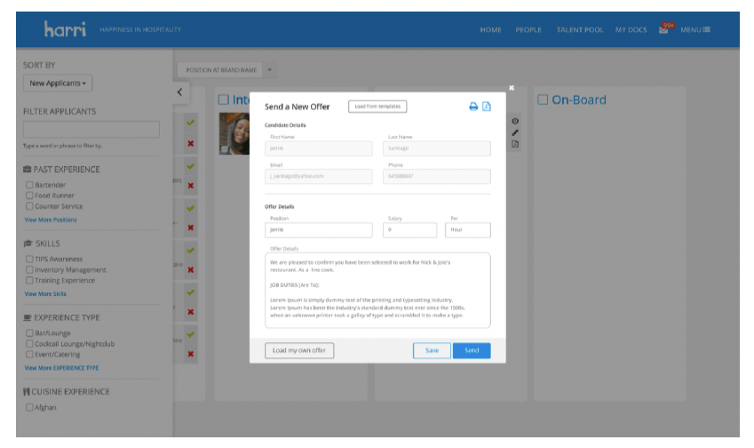 Harri Software - Users can send customized offer letters to new hires
