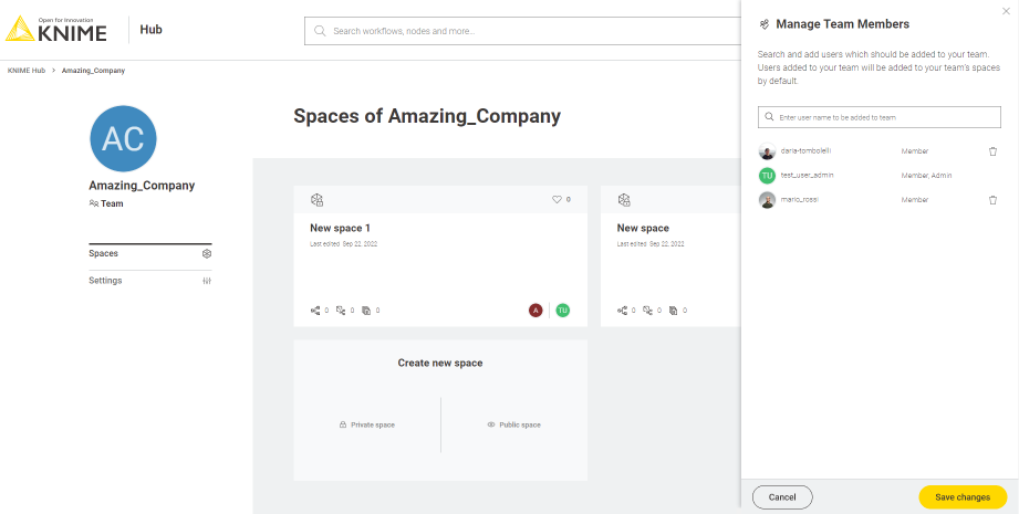 KNIME Analytics Platform Software - The KNIME Business Hub teams view. Resources can be owned by a team (e.g. spaces & the contained workflows, files, or components) so that team members can access these resources.