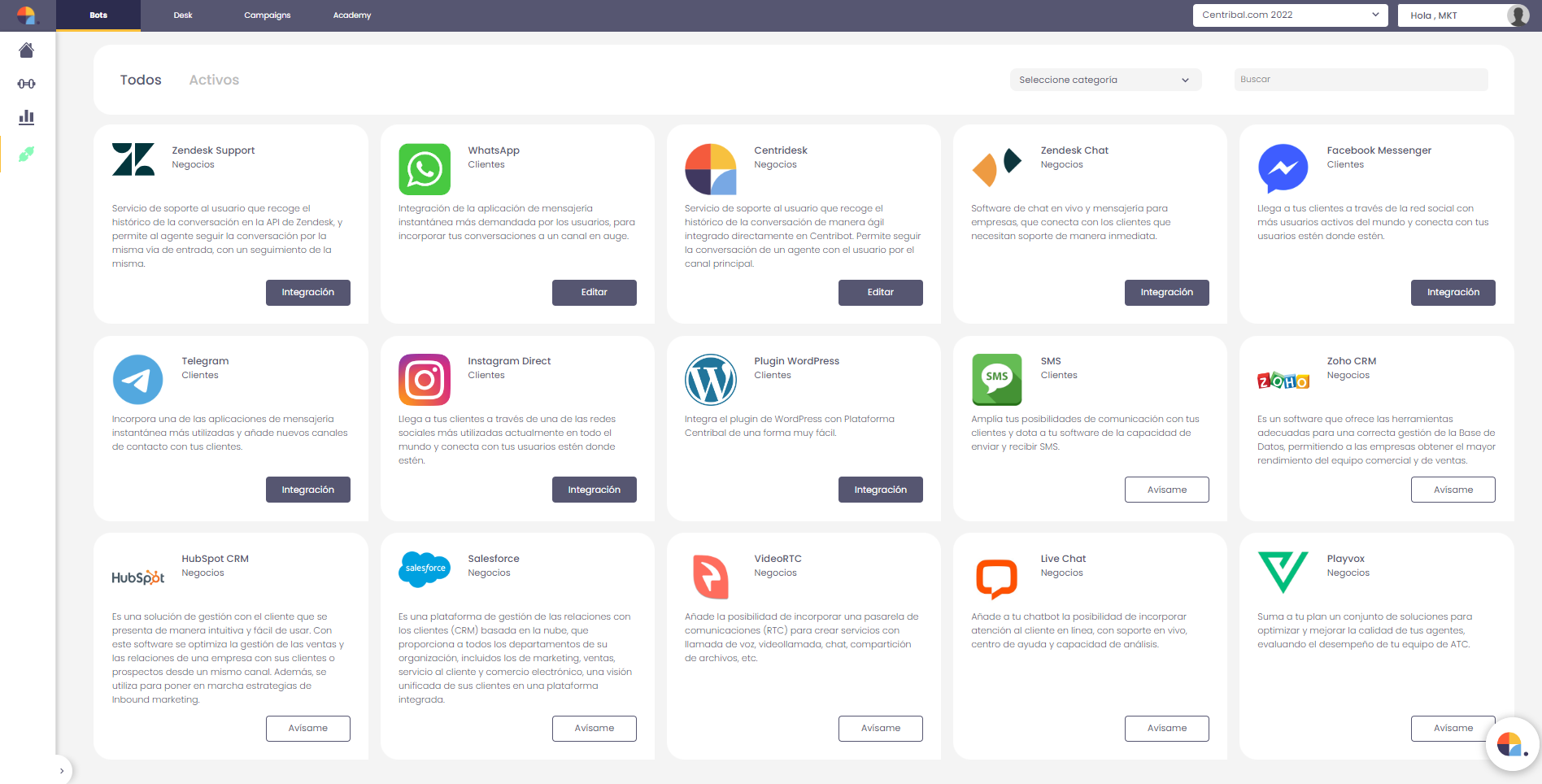 Our integrations marketplace shows which channels the chatbot can connect with. At the moment, there are predefined integrations in business channels such as Centridesk or Zendesk, and also in communication channels such as WhatsApp, Telegram, IG & FB