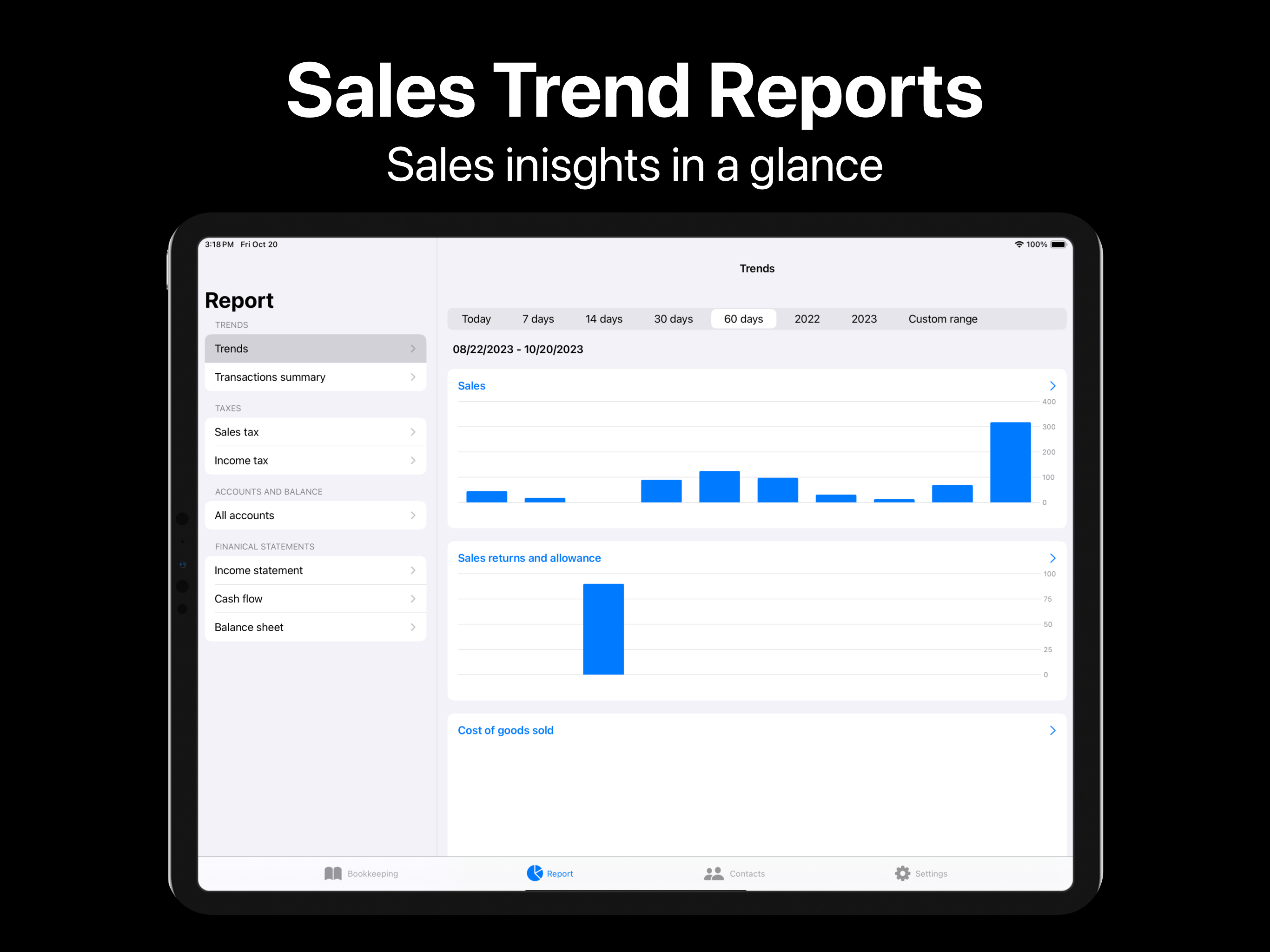 View your business' performance with Accounting Pie sales trend reports.