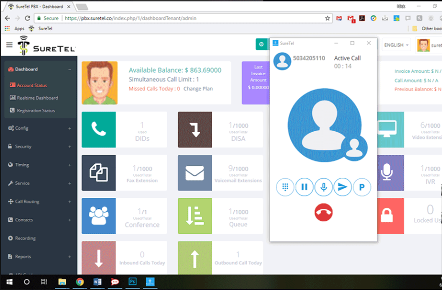 SureTel screenshot: SureTel active call status screenshot