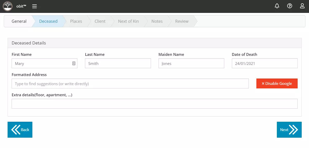 Obit screenshot: Funeral Wizard