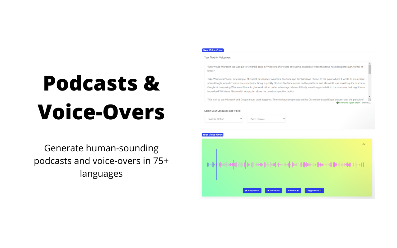 Turn any piece of text into a human-sounding voiceover or podcast