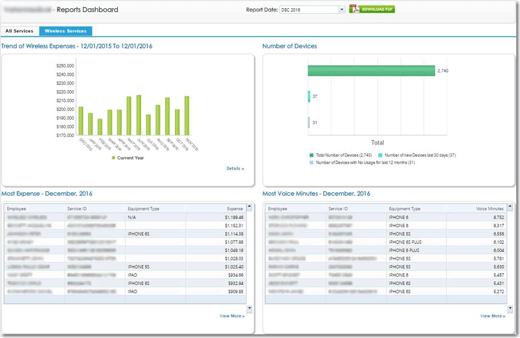 TEMNet Software - Get a quick view of the wireless dashboard to track expenses by month, year, device, employee, and more