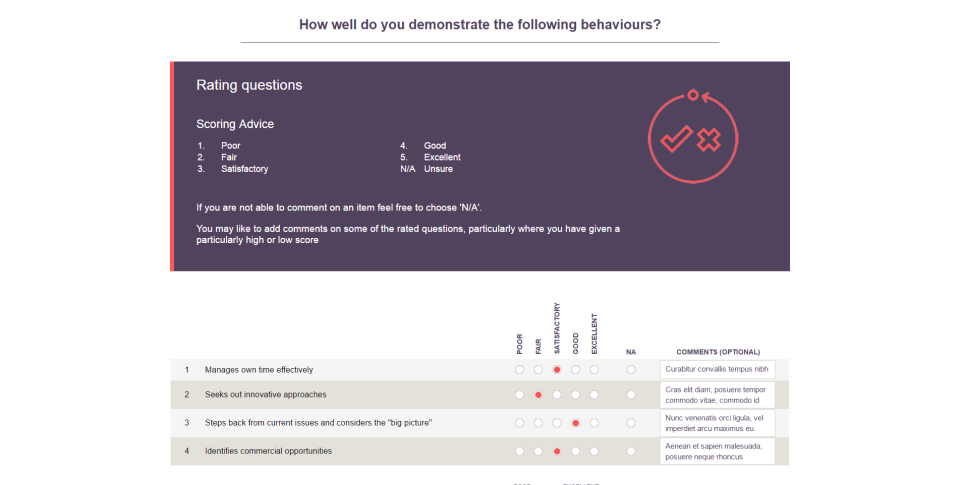 360 Feedback screenshot: Manage competency questions