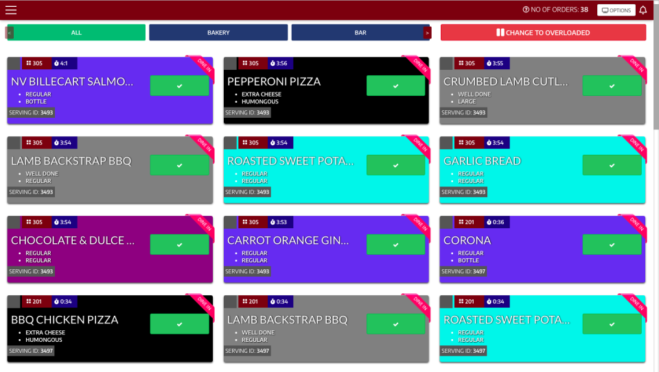 The kitchen display provides users with an overview of all orders placed