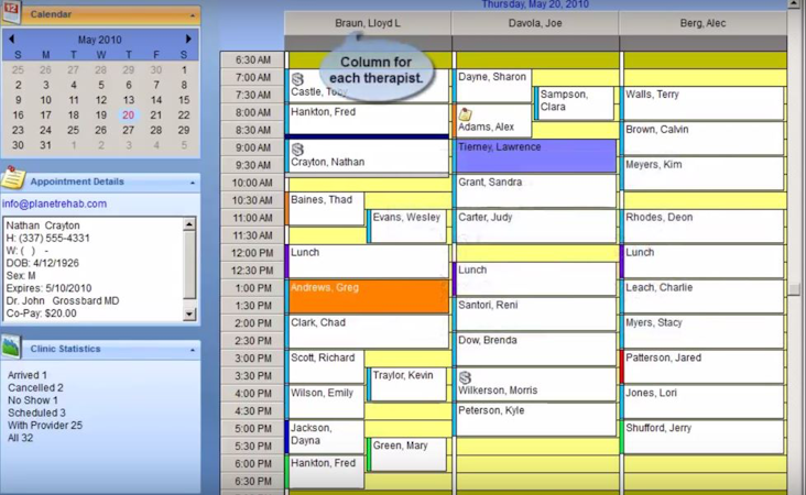 Planetrehab screenshot: Appointment booking screen showing the appointment schedule of every therapist