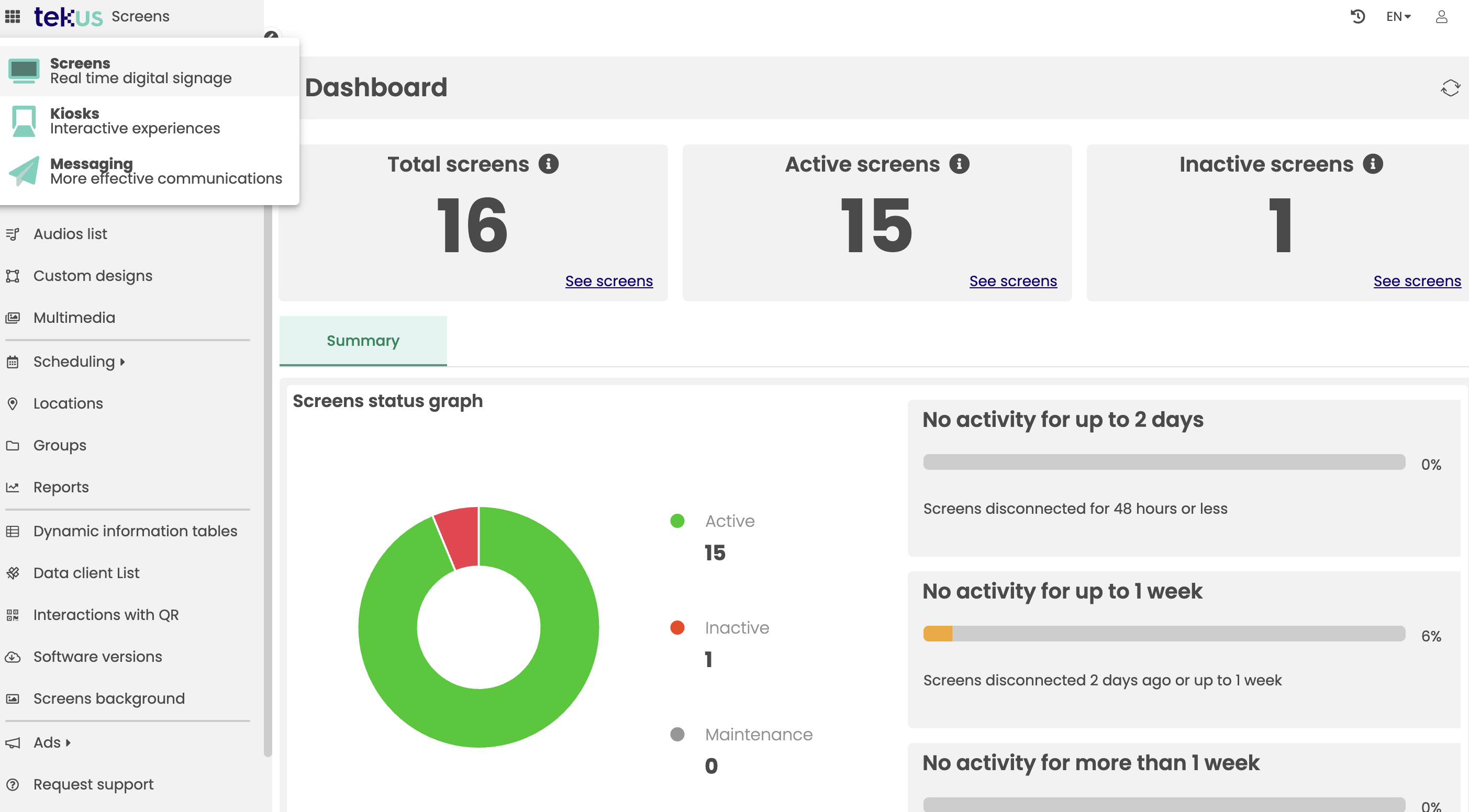 TEKUS screenshot: TEKUS dashboard