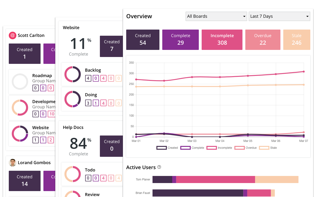 Rindle Software - Real time reporting capabilities span overview, users and projects reports, complete with graphical charting and visualizations