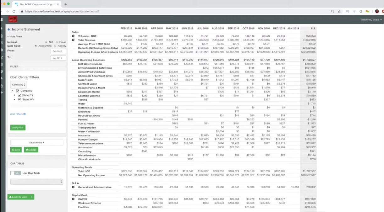 Origo screenshot: Origo income statement