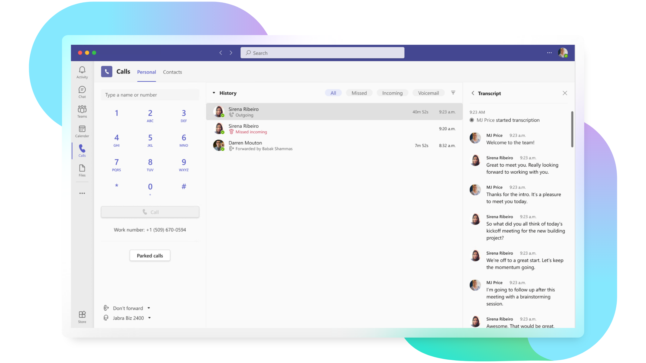 TeamsPhony screenshot: Interface: Call Transcription (Desktop)