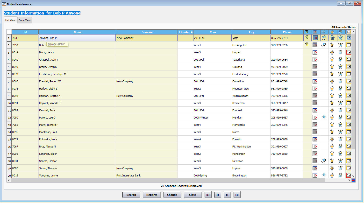 desktop view of a student list with customizable columns, one click drill down to detail, search on all data including user-defined items, customizable reports, forms, email and data export.