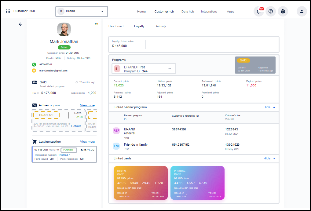 Capillary CDP Software - Single view of customer’s loyalty layout on Capillary’s CDP